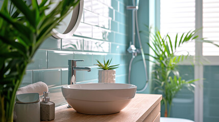 Bright bathroom with green subway tiles and white sink close-up on a wooden countertop. Interior design, cozy lifestyle
