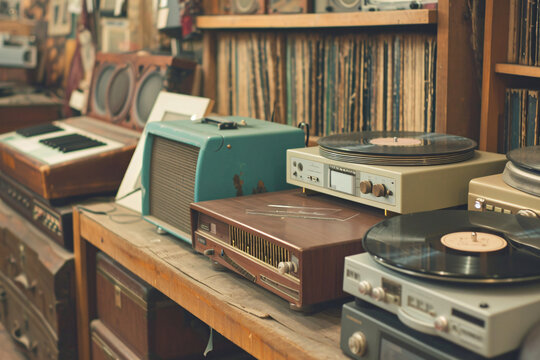 Assorted Vintage Audio Equipment with Record Players and Radios on Wooden Table