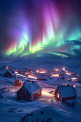 Arctic Village under Spectacular Aurora Borealis Display in Snowy Winter Night