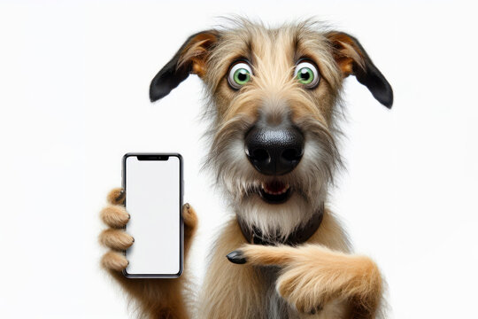 surprised Irish Wolfhound dog with bulging big eyes point on smartphone with white screen. ai generative
