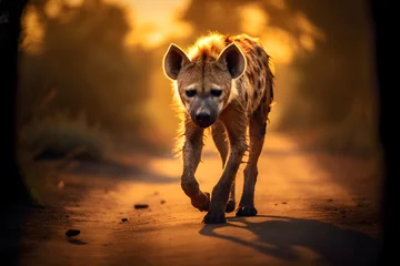Tuinposter a hyena walking in a road with the Sun from behind © Davy