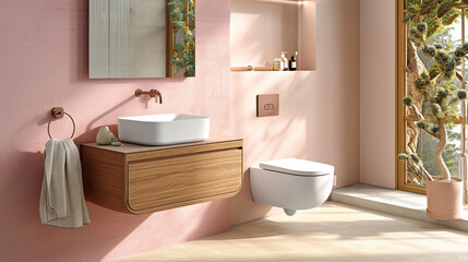 Fototapeta na wymiar Bright bathroom with white sink on a wooden countertop, monochrome beige pink colors, daytime. Interior design