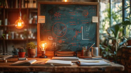 table in the classroom with blackboard