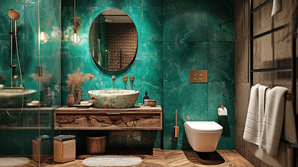 Luxurious bathroom with stone sink on wood countertop, large round mirror, green malachite tiles, tile flooring. Interior design - obrazy, fototapety, plakaty