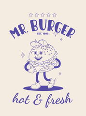 Fast food poster blue on beige. Retro groovy illustration with street food characters. Brochure with funky groovy burger, french fries, soda, ice cream, donut, pie, coffee to go. Fast food delivery