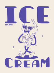 Fast food poster blue on beige. Retro groovy illustration with street food characters. Brochure with funky groovy burger, french fries, soda, ice cream, donut, pie, coffee to go. Fast food delivery