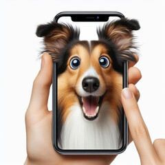 surprised Shetland Sheepdog with bulging big eyes point on smartphone with white screen. ai generative