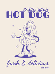 Fast food poster blue on beige. Retro groovy illustration with street food characters. Brochure with funky groovy burger, french fries, soda, ice cream, donut, pie, coffee to go. Fast food delivery