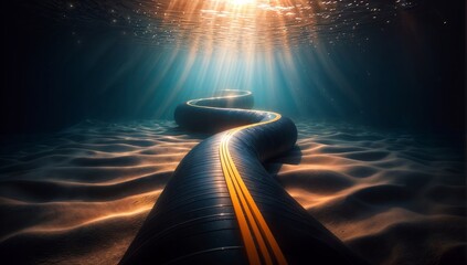 Underwater view of the submarine cable the sea. 3D rendering - obrazy, fototapety, plakaty