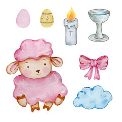 Watercolor set of cute baby angel lamb