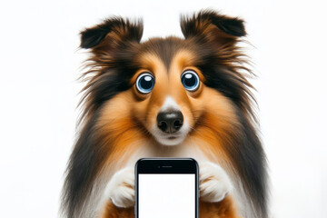surprised Shetland Sheepdog with bulging big eyes point on smartphone with white screen. ai generative - obrazy, fototapety, plakaty