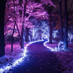 Winter magical landscape with neon glows, background wallpaper, 2024 illustration