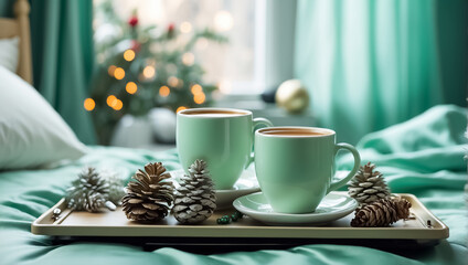 Obraz na płótnie Canvas Beautiful cups with coffee on a tray, a pine cone, a Christmas tree branch, in the bedroom caffeine