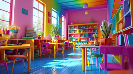 Candy Classroom Adventure: A 3D Model of a Vibrant Classroom Filled with Candy, Where Animated Books and Pencils Come to Life, Offering a Fun and Interactive Learning Experience.