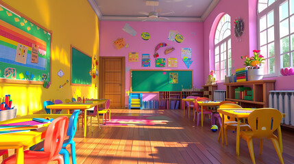 Fototapeta na wymiar Candy Classroom Adventure: A 3D Model of a Vibrant Classroom Filled with Candy, Where Animated Books and Pencils Come to Life, Offering a Fun and Interactive Learning Experience.