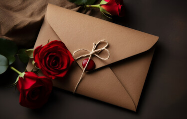 A brown envelope with red roses on the table   front view