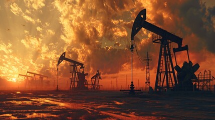 The fluctuation in oil costs caused by the conflict, with a limit on the price of oil, at drilling rigs in a desert oilfield, extracting crude oil from the earth, known as petroleum production. - obrazy, fototapety, plakaty