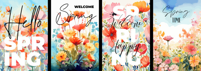 Hello spring poster with abstract watercolor drawing flower meadow. Floral art hand drawn placard. Botanical artistic paint brush cover. Summer blooms. Herbal plants woman holiday postcard template
