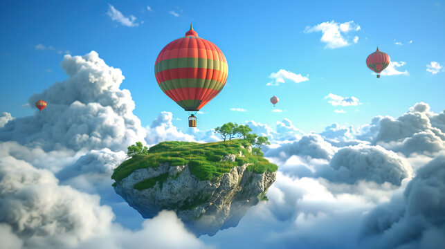 Whimsical Balloon Adventure: A 3D Model Depicting a Fantastic Hot Air Balloon Ride Over a Landscape of Animated Clouds and Floating Islands, Creating a Surreal and Enchanting Scene.