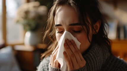 A woman with a cold or flu sneezing in her living room due to allergies, hay fever or sinusitis, posing a risk to her health. - obrazy, fototapety, plakaty