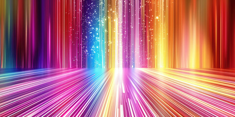 Colorful light streaks in dark room; suitable for vibrant and dynamic backgrounds, energy and technology themed designs ,colorful spectrum. Bright neon rays and glowing lines