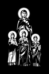 Fototapeta na wymiar Traditional orthodox image of the faith, the hope, the love and their mother Sophia. Christian antique illustration black and white in Byzantine style