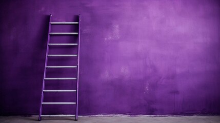 An Old Wooden Ladder Leaning Against a Faded Purple Wall With Copy Space - obrazy, fototapety, plakaty