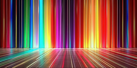 Colorful light streaks in dark room; suitable for vibrant and dynamic backgrounds, energy and technology themed designs ,colorful spectrum. Bright neon rays and glowing lines