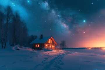 A cottage with the Milky Way in the background at night. Generative Ai. - obrazy, fototapety, plakaty