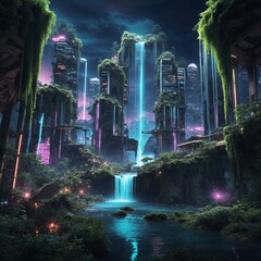 Fantasy Green City of Waterfalls