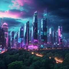 Futuristic Neon City, Long Exposure, Long Shot, Dawn