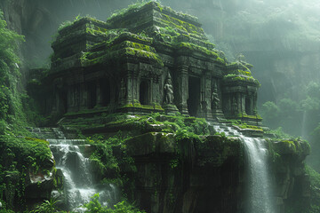 A mystical ancient temple concealed in a lush jungle with moss-covered statues. Created with generative AI.