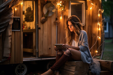 Fototapeta na wymiar a woman sitting outside with her laptop, in front of her small trailer, night bright and cozy