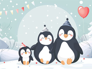 Cartoon Penguin Family Celebration with Balloons and Snow: Perfect for Party Invitations and Festive Children's Illustrations