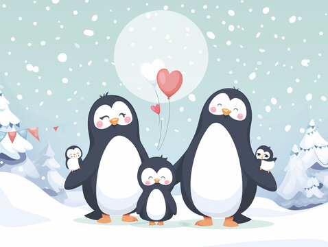 Cartoon Penguin Family Celebration with Balloons and Snow: Perfect for Party Invitations and Festive Children's Illustrations