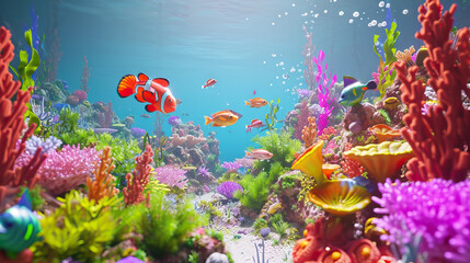 Fototapeta na wymiar Underwater Wonderland: 3D Model of an Animated Playground with Sea Creatures Amid Vibrant Coral Reefs