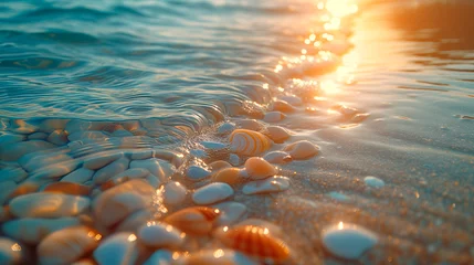 Foto op Aluminium Close-up of shells and stones on the beach as the waves crash onto the shore. The sun reflects off the surface of the water. © The Blue Wave