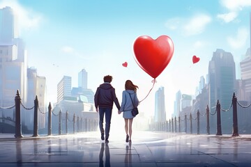 A couple in love is holding a red balloon in the shape of a heart. a place for the text. the banner