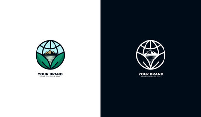 Fototapeta premium Natural green globe logo. Global leaf eco vector design