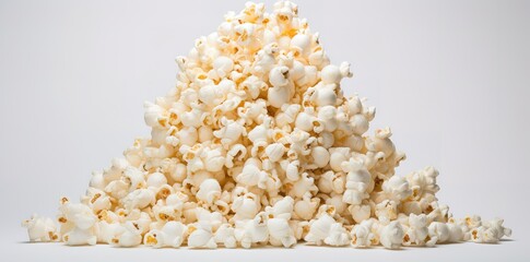 Pile of white popcorn in the photo in front of a white wall. generative AI - obrazy, fototapety, plakaty