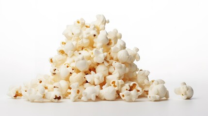 Pile of white popcorn in the photo in front of a white wall. generative AI