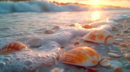  A serene sunset at the beach, with the warm glow of the sun illuminating distinct striped seashells and stones partially submerged in the foamy edge of the tide. © The Blue Wave