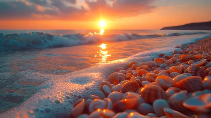 Türaufkleber Steine ​​im Sand A serene sunset at the beach, with the warm glow of the sun illuminating distinct striped seashells and stones partially submerged in the foamy edge of the tide.