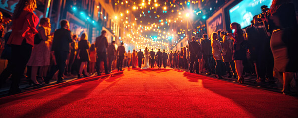 An empty red carpet, evening lights, a crowd of fans waiting for celebrities. Banner, poster,...