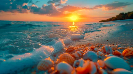 Foto op Canvas A serene sunset at the beach, with the warm glow of the sun illuminating distinct striped seashells and stones partially submerged in the foamy edge of the tide. © The Blue Wave