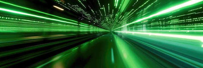 Close up of green light trail in dark room. Suitable for technology, innovation, motion, speed, futuristic concepts in design and promotional materials.