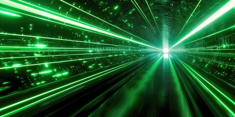 Fototapeta na wymiar Close up of green light trail in dark room. Suitable for technology, innovation, motion, speed, futuristic concepts in design and promotional materials.