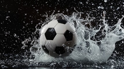 Naklejka premium Professional Soccer ball Sports Equipment in water splashes on the black background. Horizontal Illustration. Sporting Gear Ai Generated Illustration with Active Game Soccer ball.