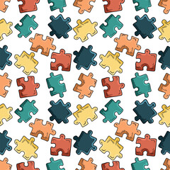 Seamless pattern with pastel colors blue, orange, red yellow jigsaw puzzles on white background. Hand drawn vector sketch illustration in engraving doodle outline vintage line art style. Autism games.
