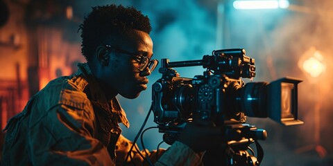 A youthful Black cinematographer filming with high-quality camera in dim studio.
